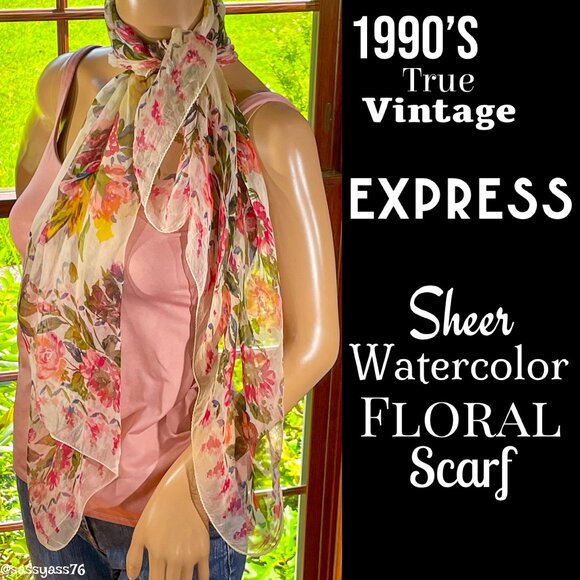 Vintage Accessories - ▪️VTG▪️EXPRESS▪️1990's Sheer Crepe Watercolor Floral Scarf